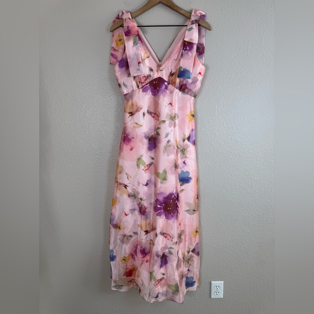 Maison Tara V Neck Pink Watercolor Floral Maxi Dress with Bow Straps size 6 $148 - Picture 9 of 16